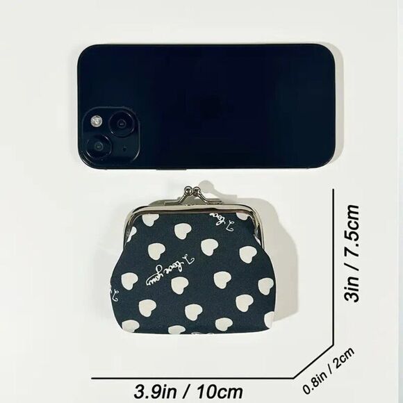 1pc Black Polyester Mini Coin Purse with Heart and I Love You Print - Picture 2 of 2